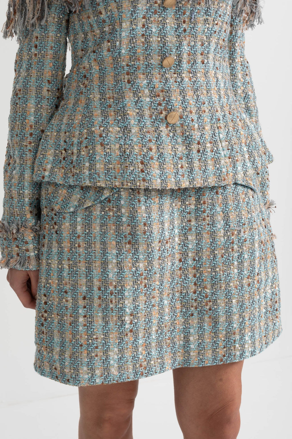 Plaid Tweed Set With Off-Shoulder Top And Coordinated Mini Skirt - Blue