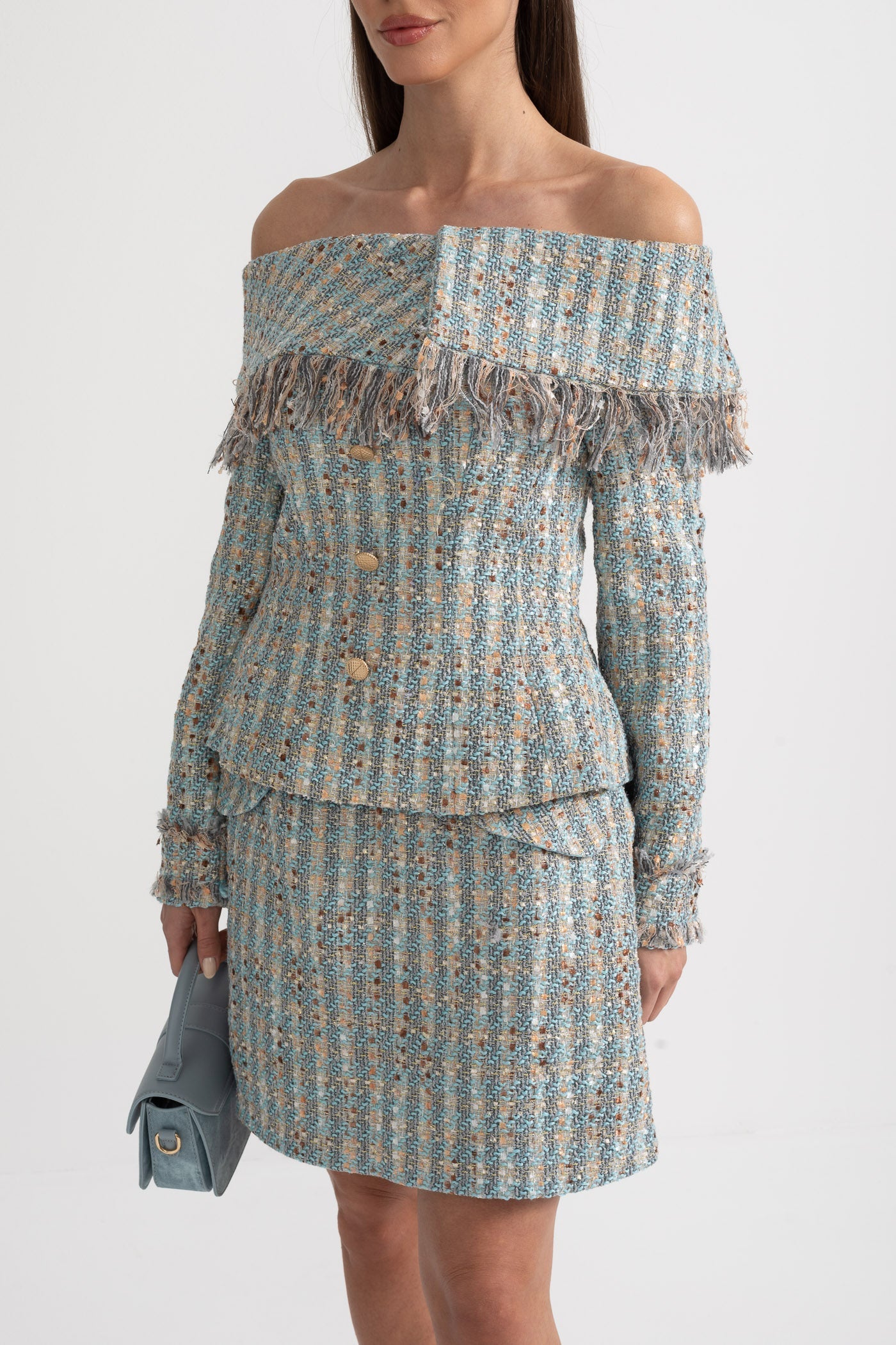 Plaid Tweed Set With Off-Shoulder Top And Coordinated Mini Skirt - Blue
