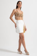 Pearls And Chains Embellished Set With Contrasting Top And Mini Skirt - Gold/White