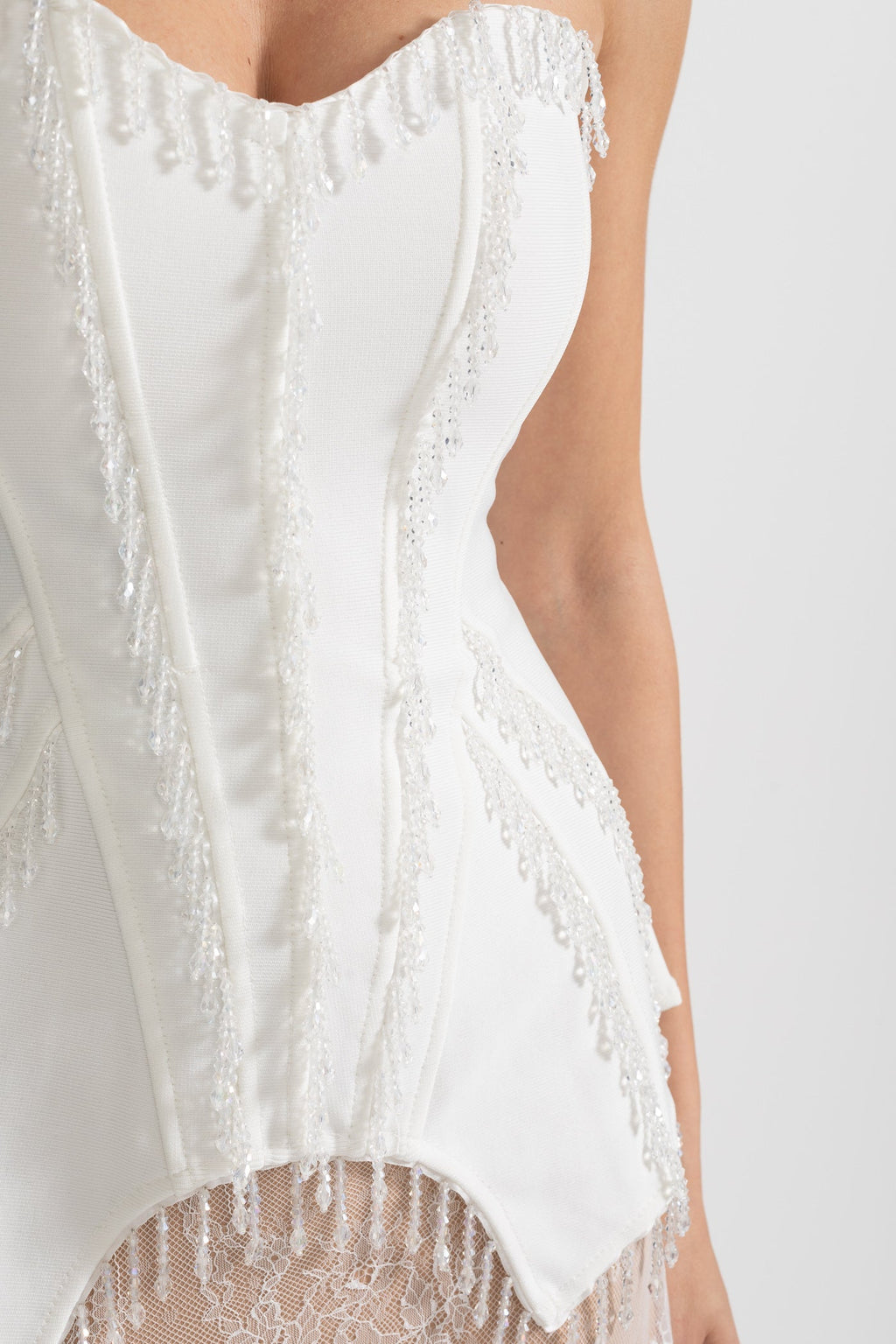 Elegant Corset Gown With Corset Top And Sheer Nude Maxi Skirt - White