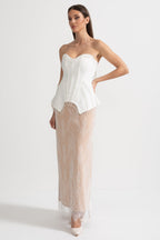 Elegant Corset Gown With Corset Top And Sheer Nude Maxi Skirt - White