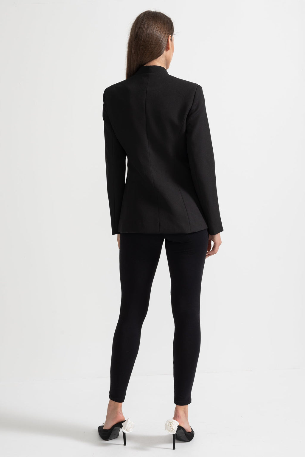 Tailored Blazer With Structured Shoulders And Silver Floral Clasps - Black