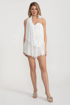 Draped Co-Ord With Flower-Embellished Top And Matching Sheer Skirt - White