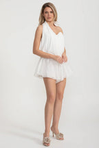 Draped Co-Ord With Flower-Embellished Top And Matching Sheer Skirt - White