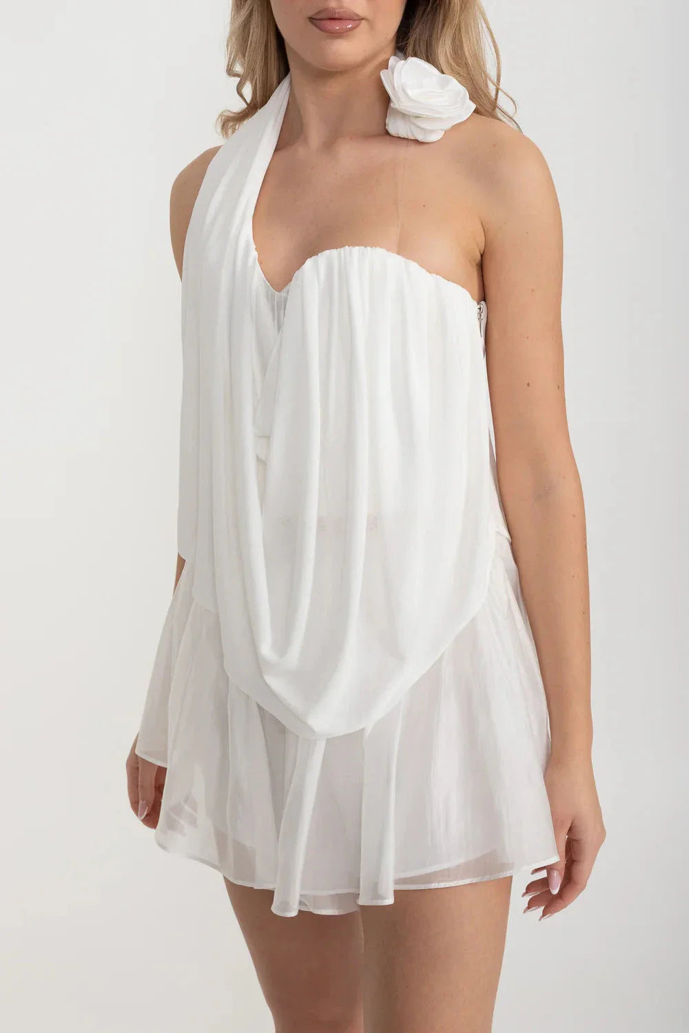 Draped Co-Ord With Flower-Embellished Top And Matching Sheer Skirt - White