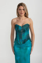 Elegant Satin Set With Corset-Style Bodice And Midi Skirt - Teal
