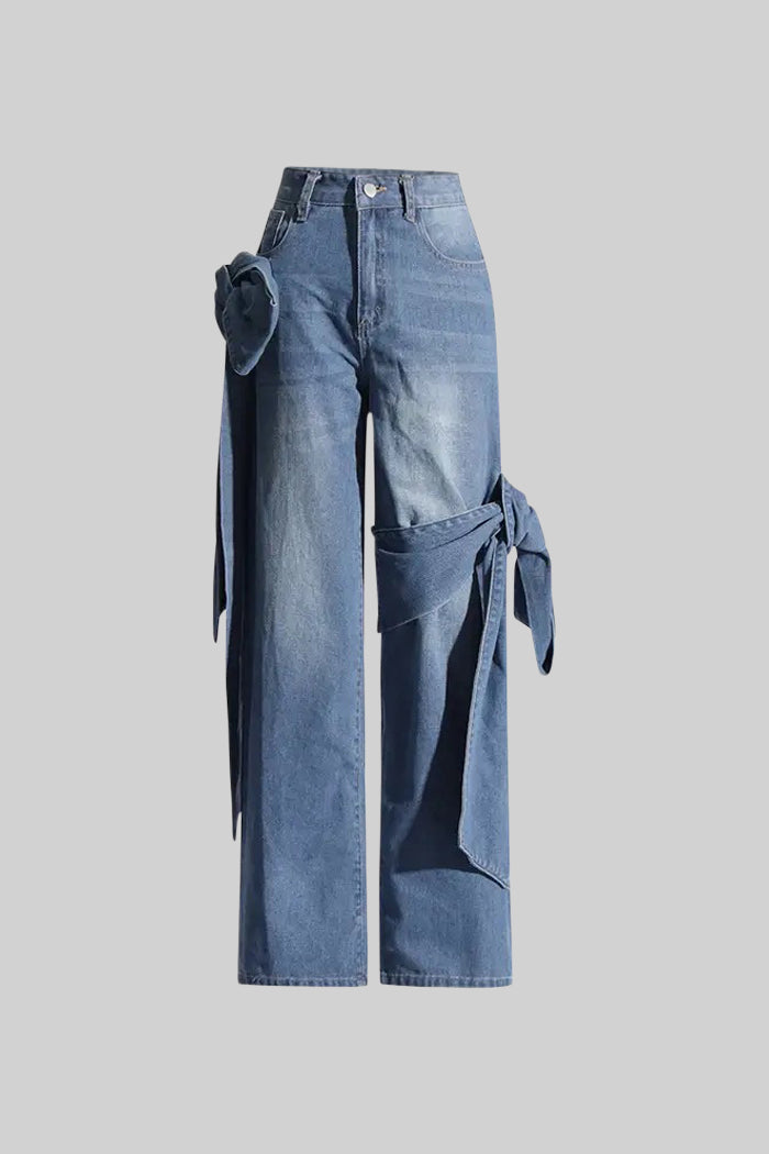 Wide Leg Jeans with Bow Details - Blue