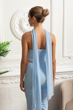 Elegant Draped Evening Co-Ord With Asymmetrical Neckline And Ruching Details - Sky Blue