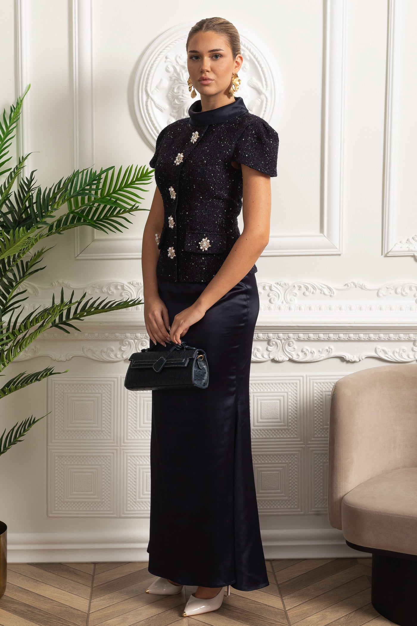 Co-Ord Set with Tweed Embellished Top and Satin Maxi Skirt - Navy
