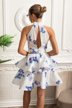 Floral Halter Crop Top and Layered Ruffle Mini Skirt Set - White/Blue