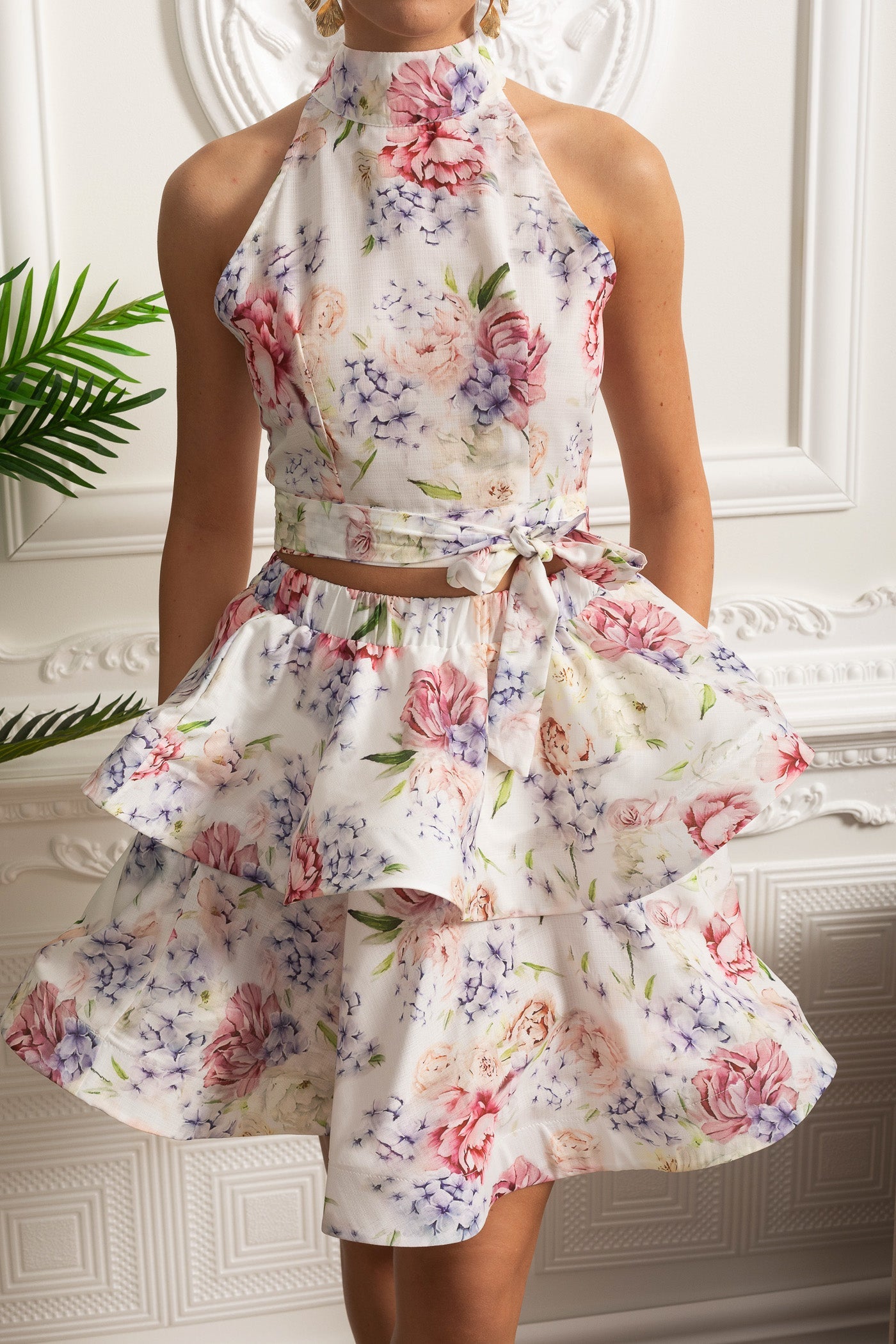 Floral Halter Crop Top and Layered Ruffle Mini Skirt Set - White/Pink