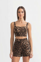 Leopard Print Crop Top and Tailored Shorts Set with Wide Straps – Brown