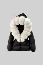 Puffer Jacket With Waistbelt And White Fox Fur-Lined Hood - Black