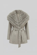 Wool Coat with Oversized Fur Collar And Belt - Light Grey