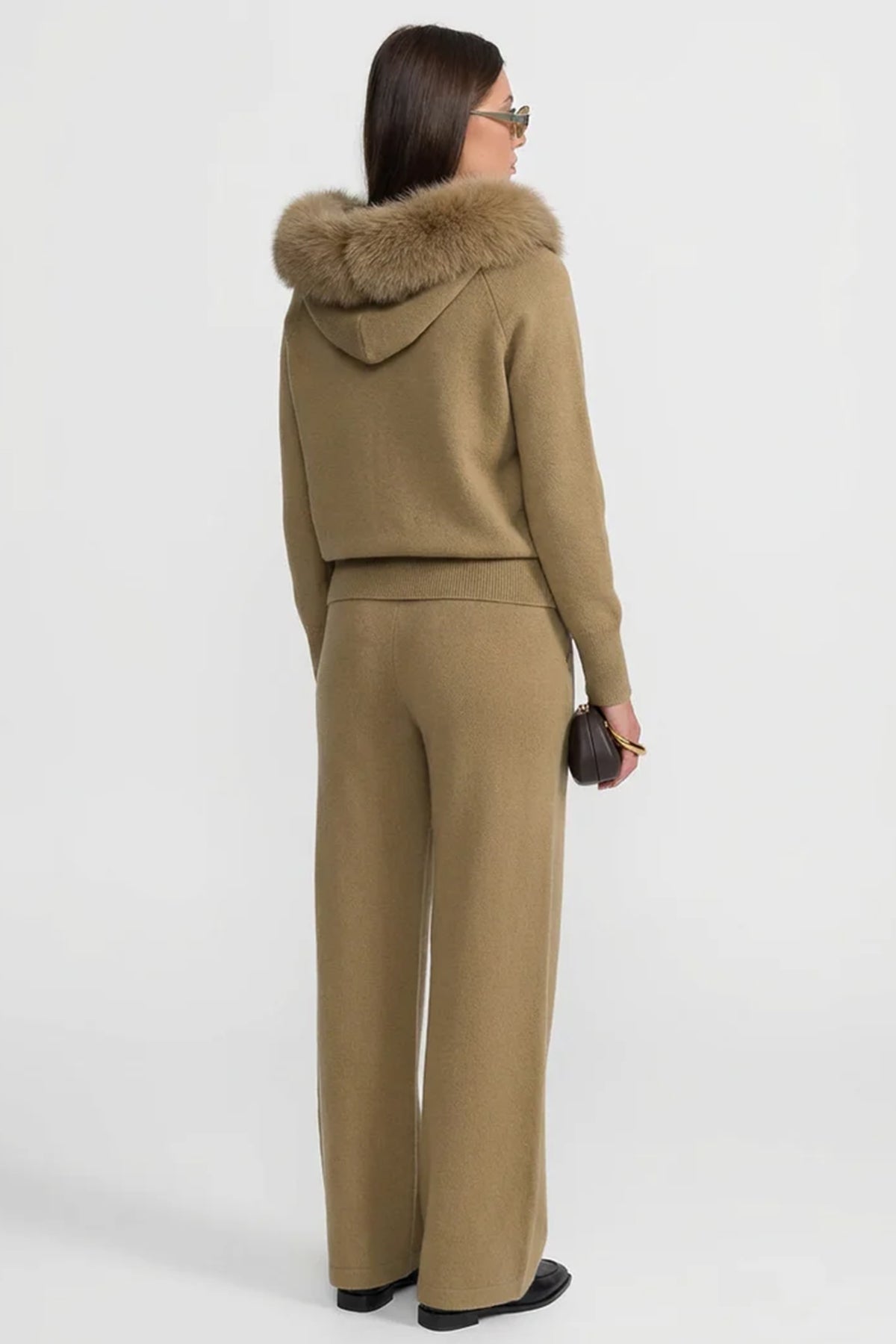 Zip-Up Wool Hoodie With Fox Fur Collar – Khaki