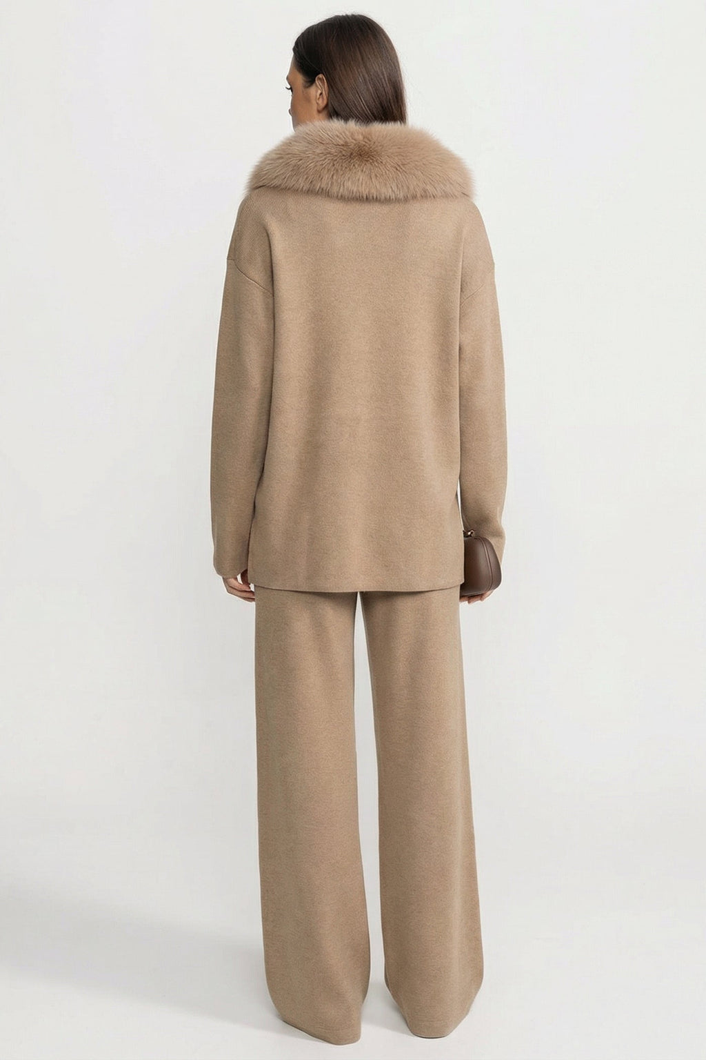 Knit Lounge Co-Ord Set with Fox Fur Collar – Khaki