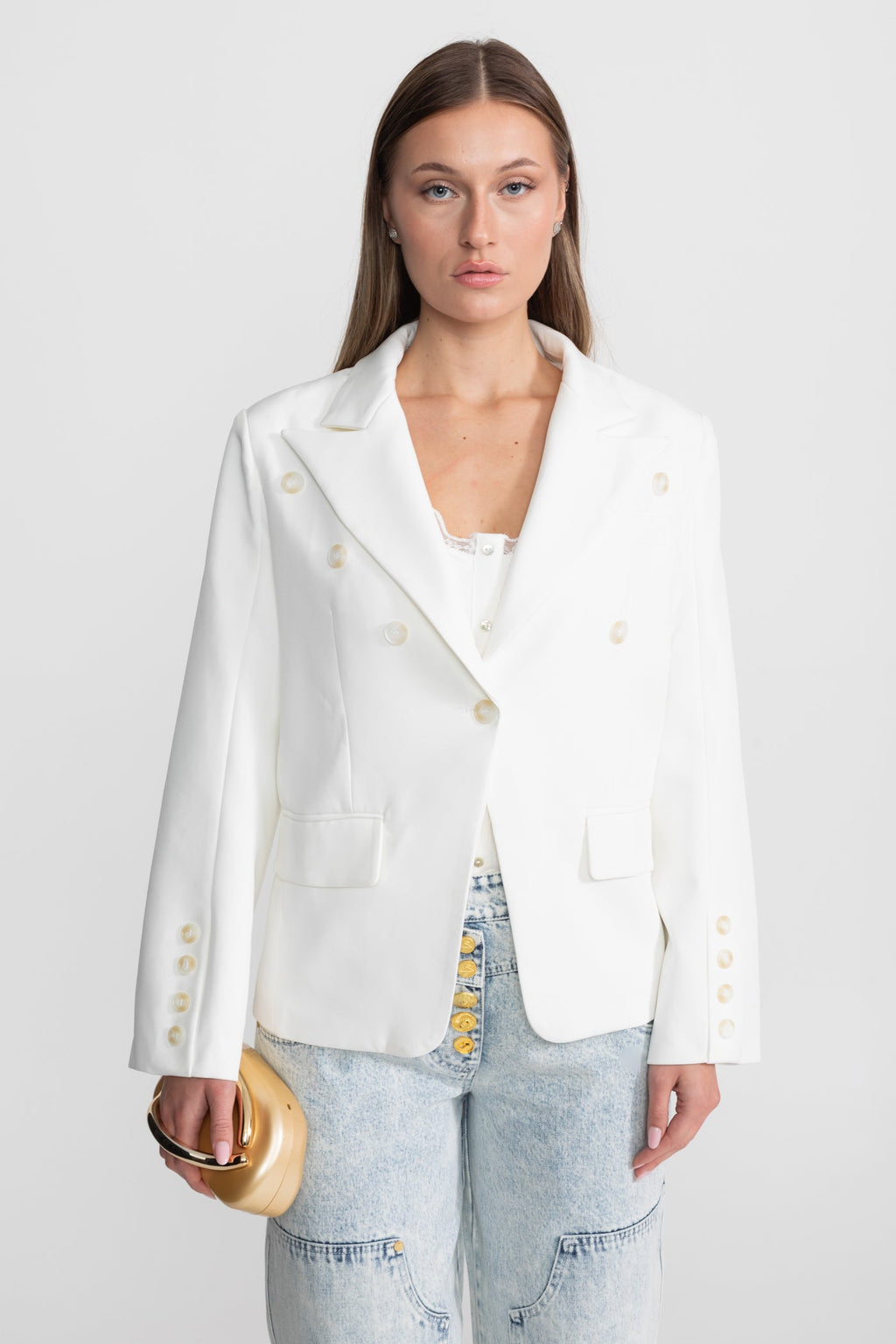 Double-Breasted Tailored Blazer With Peak Lapels – White