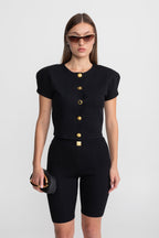 Textured Knit Co-ord Set With Structured Shoulders – Black
