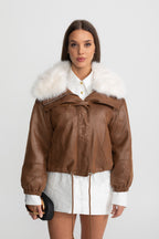 Cropped Suede Jacket With Faux Fur Collar – Brown