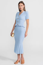 Knit Midi Co-Ord with Peplum Waist and Gold Buttons  – Baby Blue