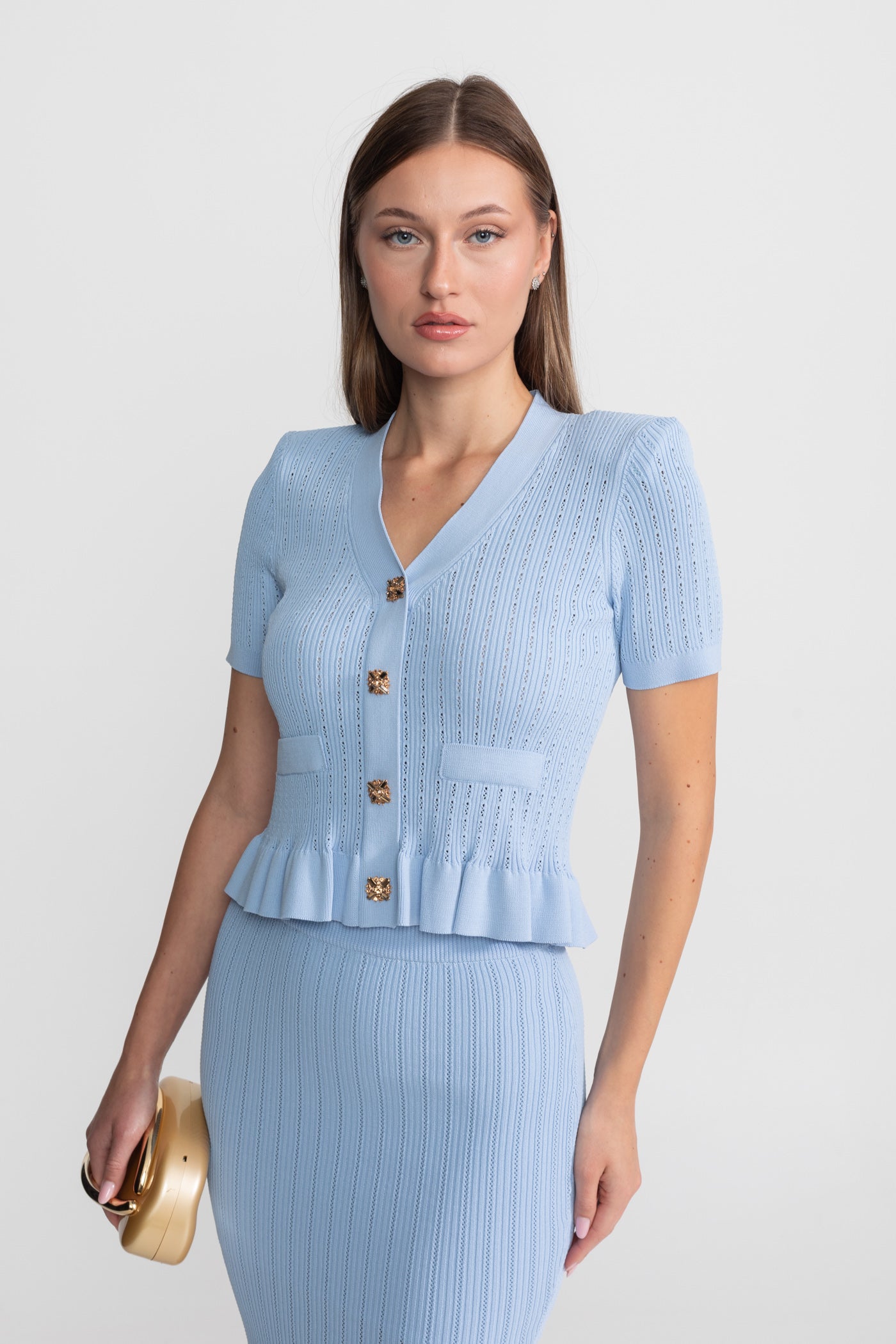 Knit Midi Co-Ord with Peplum Waist and Gold Buttons  – Baby Blue