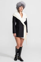 Draped Lapel Asymmetric Blazer Dress – Black/Ivory