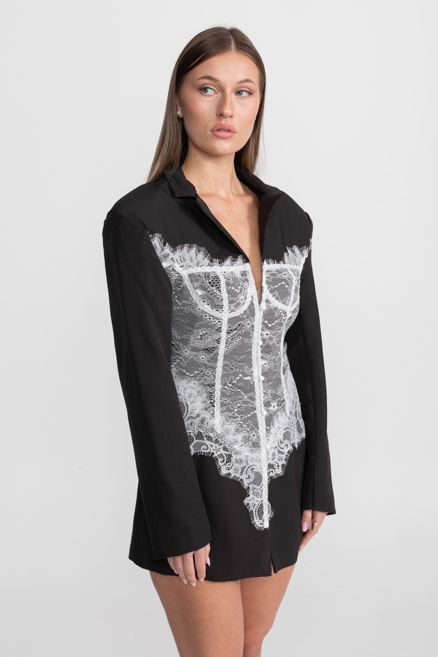Lace Corset Blazer Dress With Deep V-neckline  – Black