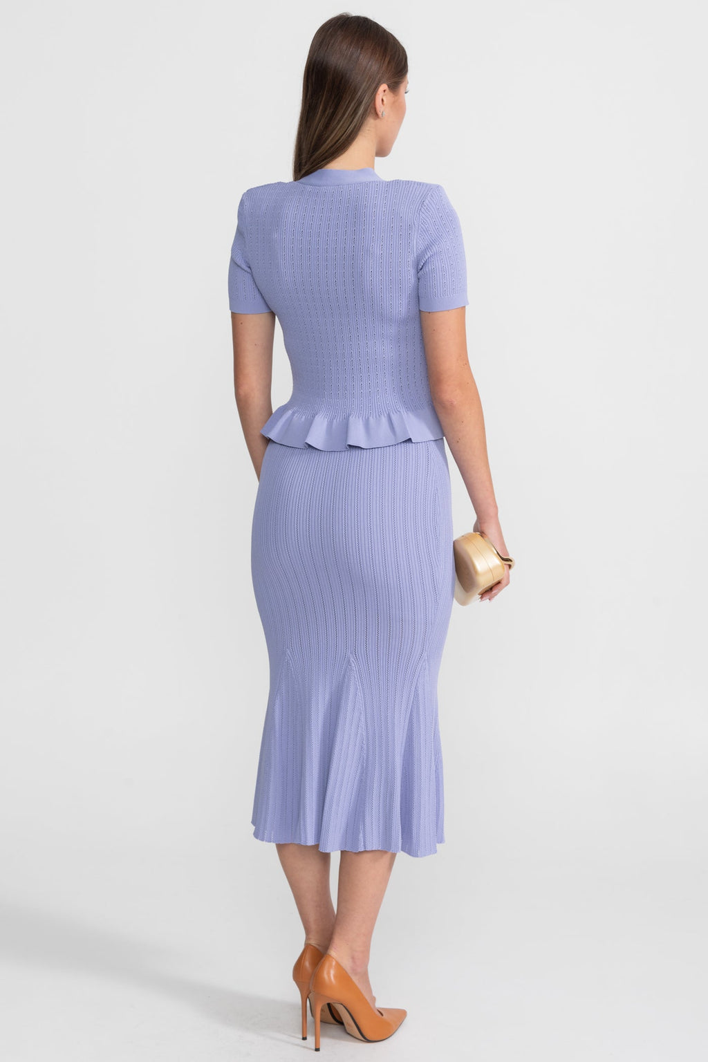 Knit Midi Co-Ord with Peplum Waist and Gold Buttons  – Lilac