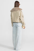 Cropped Trench Jacket with Fur Collar – Beige