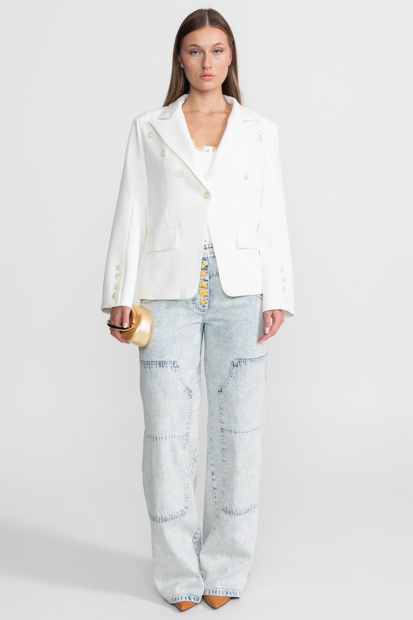 Double-Breasted Tailored Blazer With Peak Lapels – White