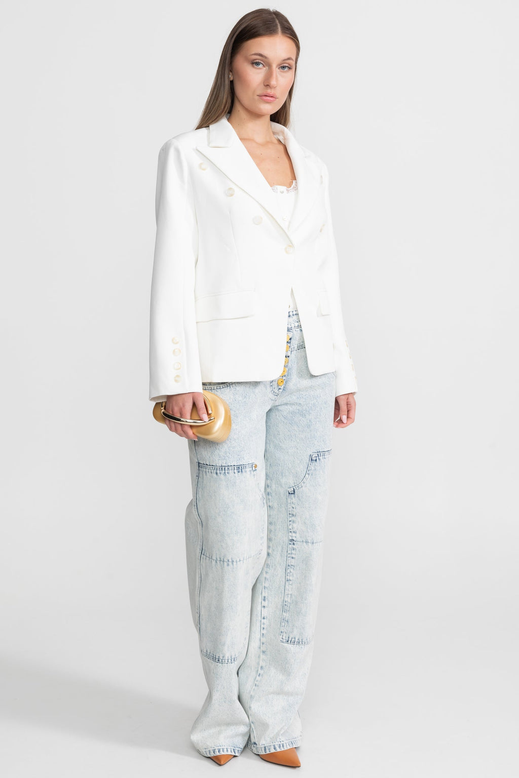 Double-Breasted Tailored Blazer With Peak Lapels – White