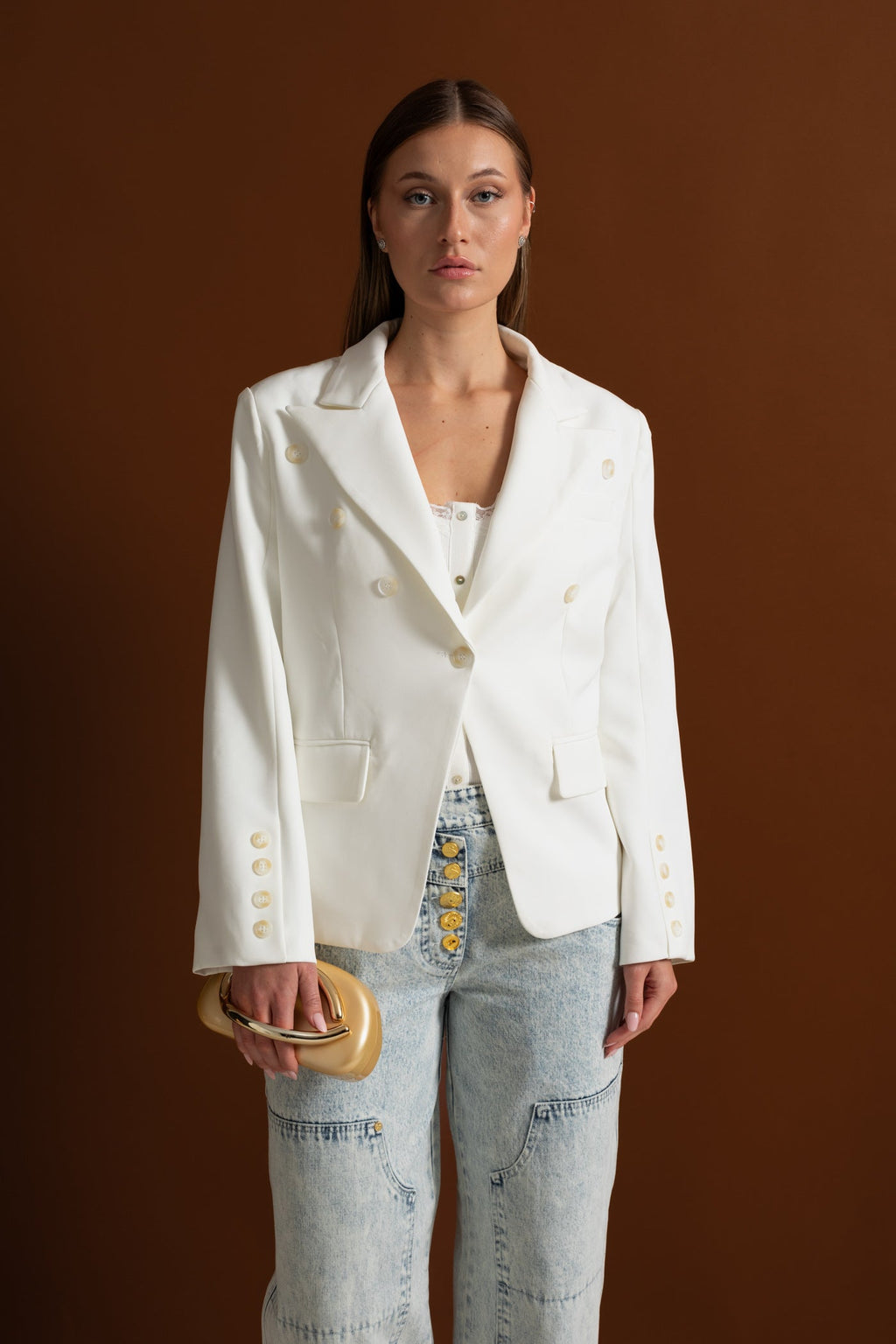 Double-Breasted Tailored Blazer With Peak Lapels – White