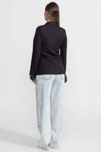 Tailored Lace-Trim Blazer With Tonal Button Closure – Black