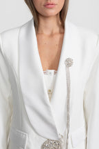 Crystal Brooch Blazer With Shawl Lapels – White