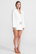 Crystal Brooch Blazer With Shawl Lapels – White