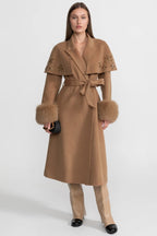 Embellished Wool Coat with Fox Fur Cuffs And Cape Overlay - Light Brown