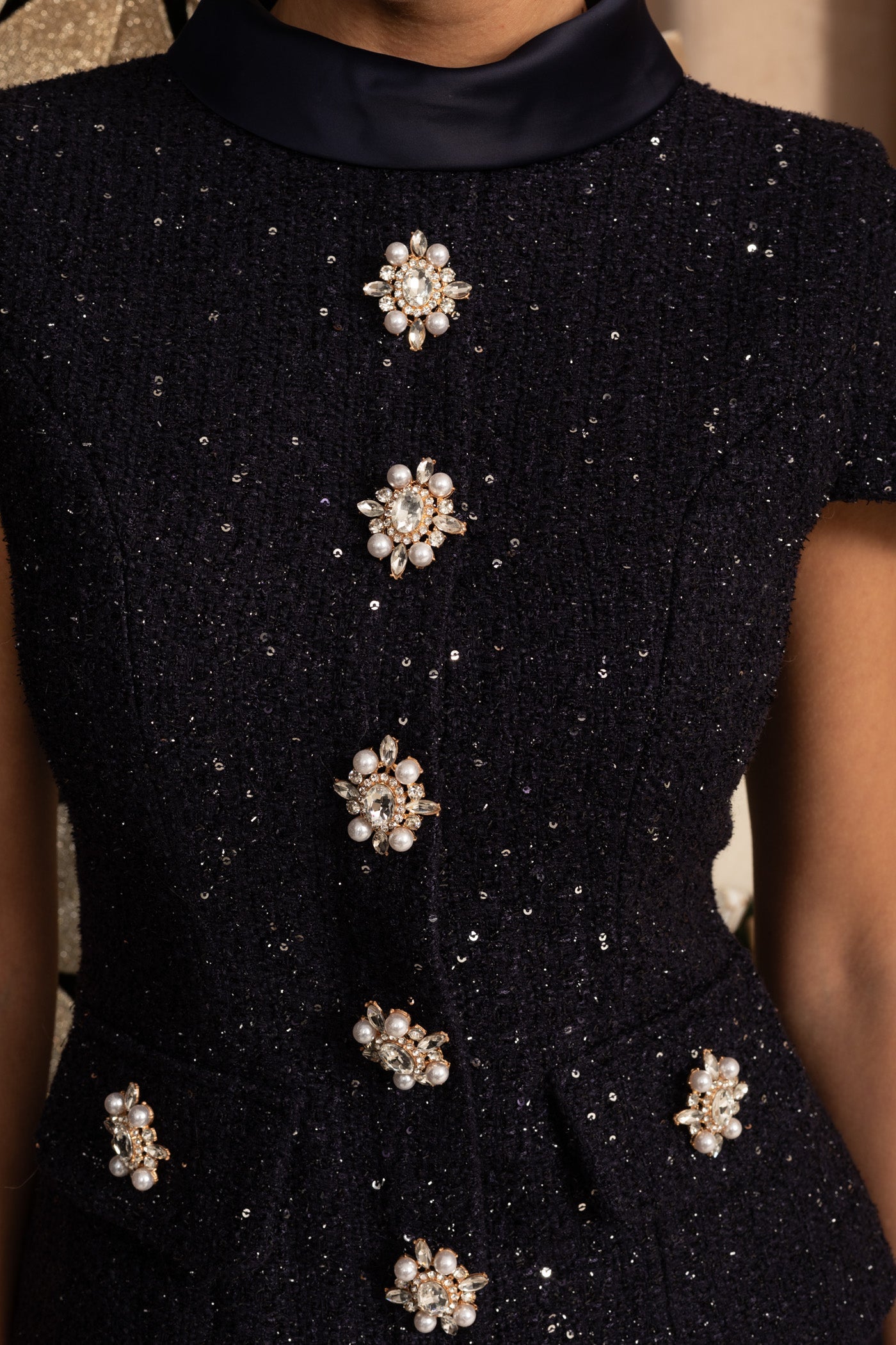 Co-Ord Set with Tweed Embellished Top and Satin Maxi Skirt - Navy