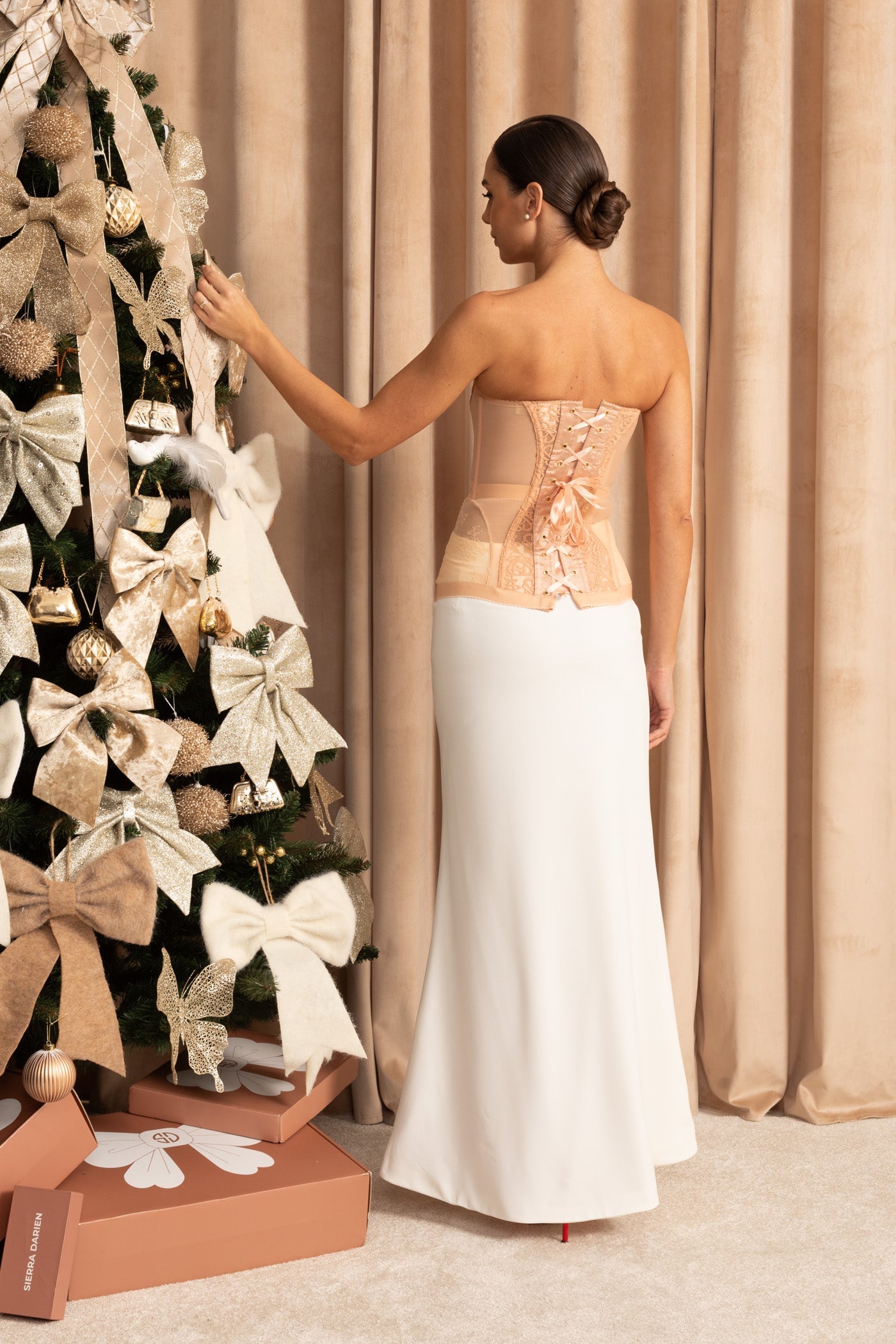 Strapless Lace Corset Top with Boning and Front Closure - Nude