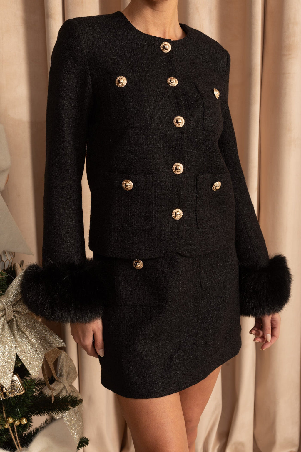 Tweed Mini Skirt With Gold Buttons – Black