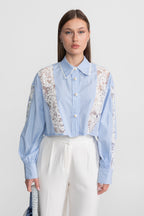 Striped Cotton and Lace Panel Shirt – Light Blue