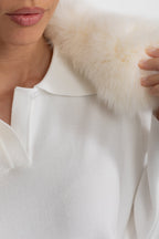 Knit Lounge Co-Ord Set with Fox Fur Collar – White