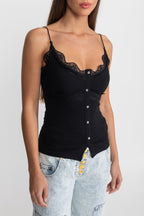Lace-Trimmed Ribbed Camisole with Buttoned Front - Black