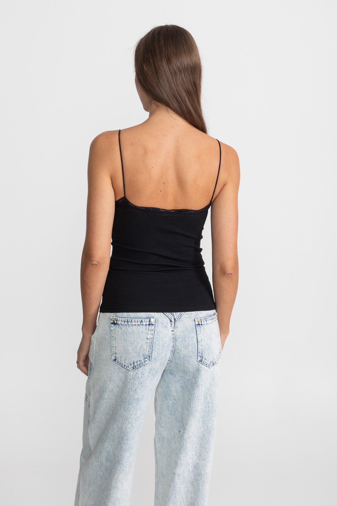 Lace-Trimmed Ribbed Camisole with Buttoned Front - Black
