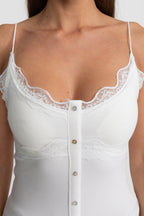 Lace-Trimmed Ribbed Camisole with Buttoned Front - White