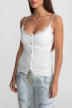 Lace-Trimmed Ribbed Camisole with Buttoned Front - White