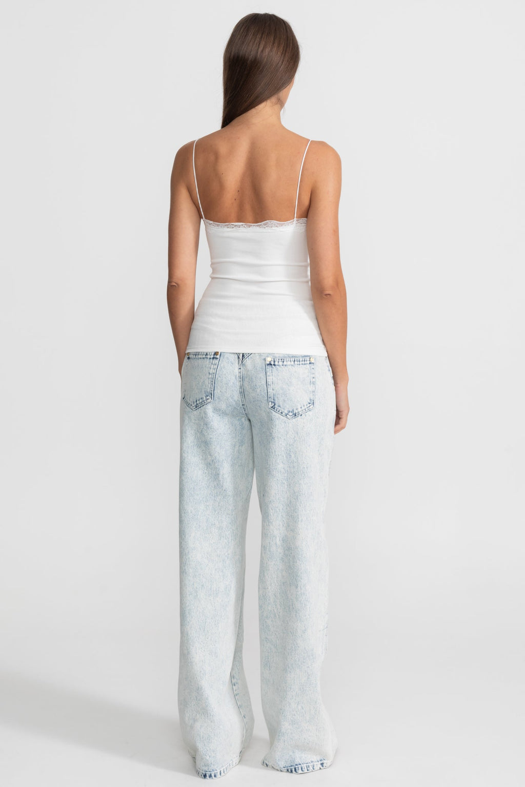Lace-Trimmed Ribbed Camisole with Buttoned Front - White