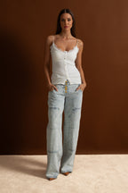 Lace-Trimmed Ribbed Camisole with Buttoned Front - White