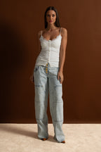 High-Waisted Wide-Leg Jeans with Gold Buttons - Light Blue