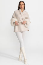 Wool Blend Wrap Jacket with Fox Fur Cuffs – Cream