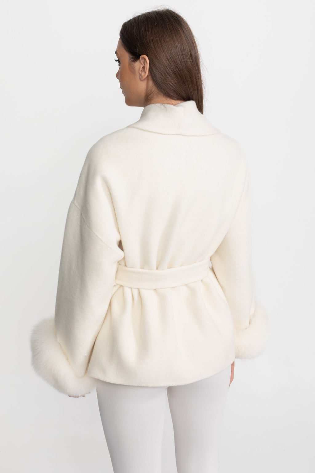 Wool Blend Wrap Jacket with Fox Fur Cuffs - Ivoire